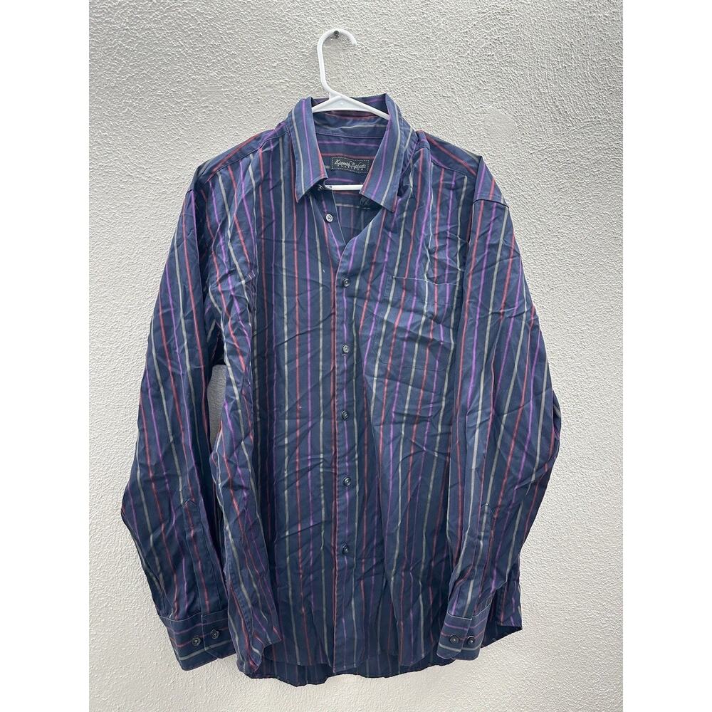 Kenneth Roberts Platinum Mens Shirt XL Blue Striped Long Sleeve Button Up Cotton